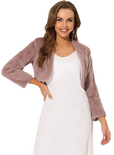 Allegra K Veste courte Femme en fausse fourrure Boléro en peluche à devant ouvert sans col à manches longues manteau court hiver Rose poudré 3XL