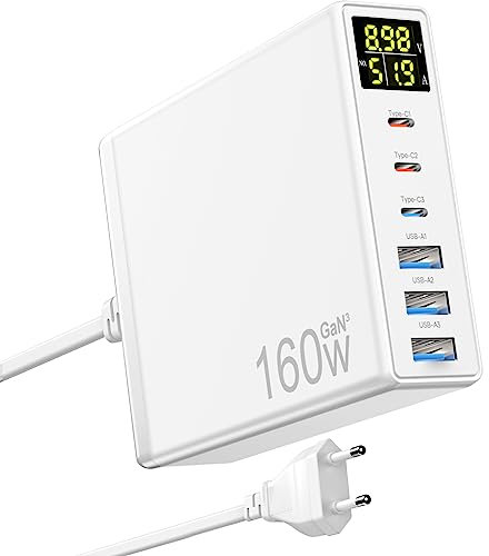 Caricatore USB C Multiplo, 160W GaN 6-Port Caricabatterie USB C Rapido con Display a LED, Stazione di Ricarica USB mit 3 USB-C e 3 USB-A PPS PD 3.0 Charger für MacBook Pro Laptop iPh0ne i Pad Samsung