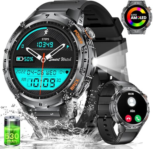 HIRREO Montre Connectée Homme pour Android iOS avec Appel Bluetooth 1,43 AMOLED Rond Smartwatch Homme 530 mAh Noir Silicone Montre Homme Connectée avec Lampe de Poche LED Santé Moniteur,100+ Sport