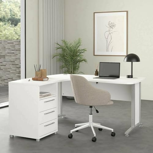 Dmora - Schreibtisch Sidonia, Mehrzweckschreibtisch, Bürotisch für PC, Eckschreibtisch, 159x150 h75 cm, Weiß und Grau