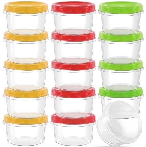 Hikrxya 15 Pcs 8 oz Small Reusable Plastic Food Container with Lids, Deli Containers Stackable Clear Food Storage Jars, Dishwasher & Microwave & Freezer Safe (Red/Green/Yellow)