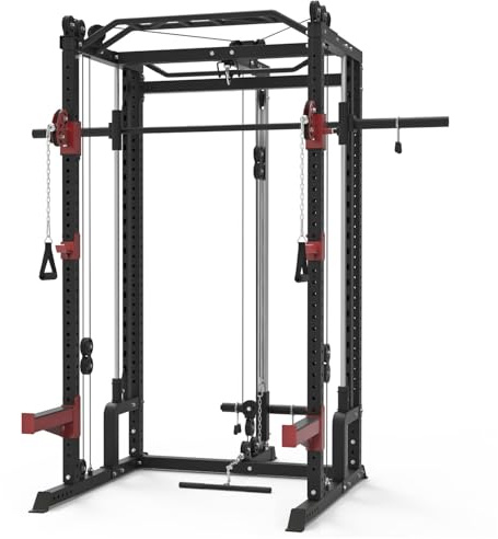 Train Hard® Smith Maschine Power Rack Multipresse Kraftstation, Beinpresse, Klimmzug, Latzug, Dip Bar, Rudern, Langhantel und Zubehör Modell 2024 (C:1F09766S6TH)
