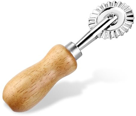 Teigrad Teigschneider Roller - Gewelltes Teigrädchen mit gezahnter Klinge, Pastry Cutter Wheel für Ravioli und Pasta, Holzgriff, Kurzer Stil