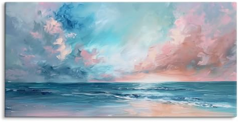 Paul Sinus 120x60cm Wandbild – Sanfte Wellen und Himmel in Blau- und Rosatönen – Friedliche Wandkunst für Ihr Zuhause