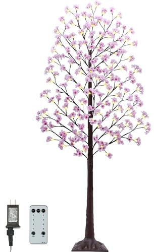 Árbol de cerezo iluminado de 7 pies, árbol de cerezo artificial artificial con 144 luces, 432 flores exuberantes, temporizador, control remoto, 8 modos, árbol rosa para primavera, boda, fiesta,