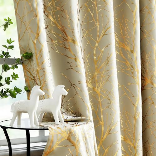 Fmfunctex Beige Gold Blackout Curtains for Bedroom 72 inch Drop Eyelet Curtains for Living Room Tree Branch Foil Thermal Insulated Window Curtain Panels 2 Panels