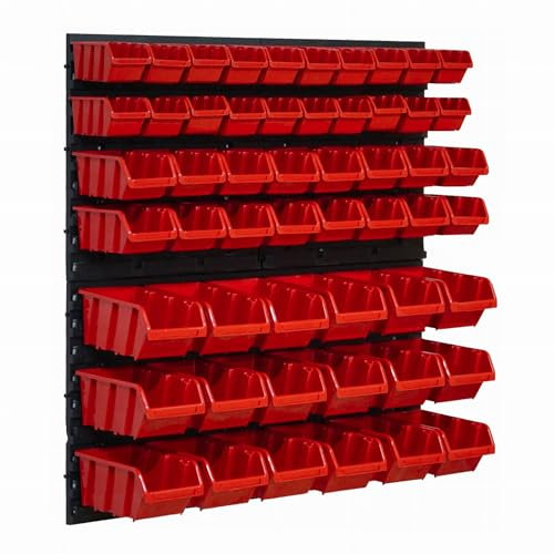 Stapelboxen 58- teiliges Set und 4 X Wandregal 39x38 cm | Lochwand für flexible Aufbewahrung | Werkzeughalter für Werkstatt, Garage und Haushalt | Ordnung leicht gemacht