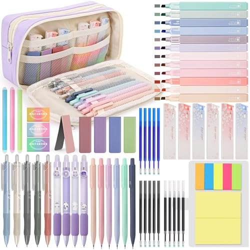 DazSpirit 61 Pezzi di Forniture Scolastiche con Astucci, 12 Evidenziatori Pastello, 4 Penna Gel Cancellabile, 5 Penne a Gel, 6 Portamine, Set di Cancelleria per Studenti, Appunti e Diario (Viola)