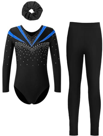 Manyakai Kinder Mädchen Turnanzug Glitzer Gymnastik Kleidung Set Langarm Ballett Trikot mit Leggings und Haarband Blau Schwarz 158-164