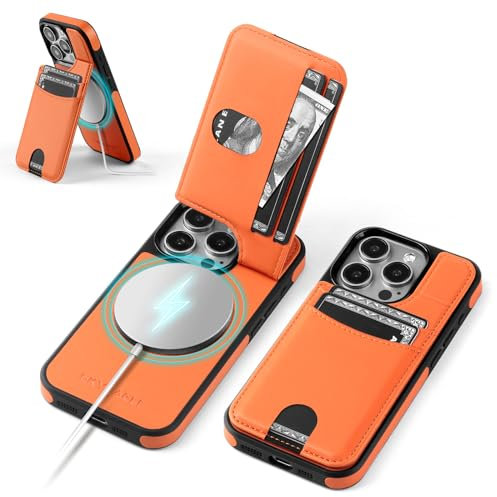 SkyEagle Compatible with Magsafe for iPhone 14 Pro Max Wallet Case with Card Holder Kickstand RFID Blocking Flip Cover Credit Card Slots PU Leather Men Women,Phone Case for Apple 14 Pro Max,Orange