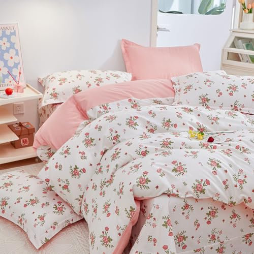 Nyescasa Housse de Couette 220x240 Blanc Rose Fleurie Feuille Floral Réversible Parure de lit Adulte 2 Personnes en Microfibre Fleurs Housse Couette avec Fermeture Éclair et 2 Taies d'oreiller 65x65cm
