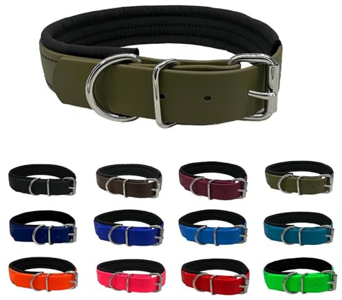 Hundehalsband Biothane verstellbar/mit Softshell gepolstert/S - XXL/Edelstahlbeschläge/wasserfest & waschbar/kleine & Grosse Hunde (Olive, XL (55-60cm))