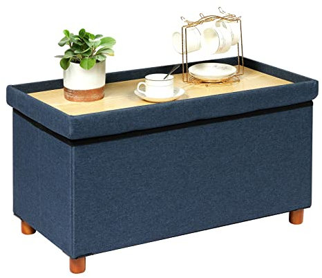 Bonlife Banco con Espacio De Almacenamiento, Baúl Plegable, Caja De Almacenamiento, Reposapiés, Rectangular, para Pasillo, Salón y Dormitorio, Azul, 76x38x38 cm