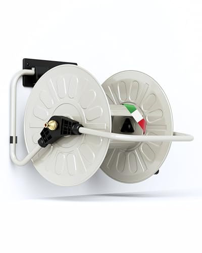 LIVLIG Schlauchtrommel, Metall Schlauchaufroller bis 50 Meter 1/2 Gartenschlauch, Schlauchhalter zur Wandmontage, Greige