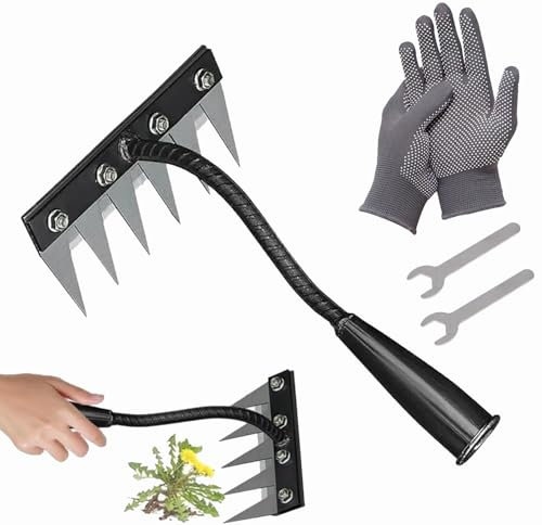 Carbon Steel Garden Weeding Rake, Heavy Duty Metal Weeding Rake with Wrench and Gloves for Garden Weeding, Loosening Soil, Gathering Leaves, Leveling Lawns (6-Teeth)
