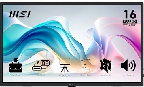 MSI Pro MP165 E6 Schermo Portatile 15.6 Full HD - Pannello IPS 1920x1080, 60Hz, 4 ms, Altoparlanti e microfono integrato, HDMI 2.0b, USB Type-C (PD 15W), compatibile con VESA, Nero
