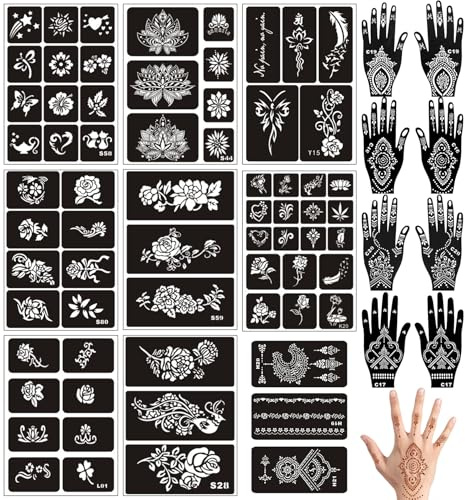 19 Sheets Henna Tattoo Stencils Kit Reusable for Women Girls,180+ PCS Temporary Indian Arabian Glitter Airbrush Tattoo Stencils for Face Body Paint DIY