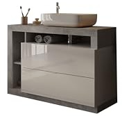 Robas Lund Hamburg Waschtisch, Modern, Badezimmer, 110x92x49 cm, Weiß Hochglanz/Betonoptik, Holzwerkstoff, Keramik-Waschbecken, 2 Schubladen, Bodenstehend
