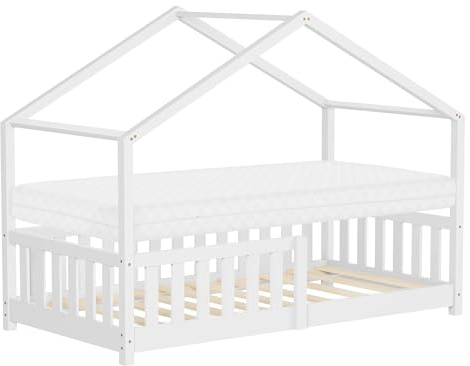 ML-Design Kinderbett Hausbett 80x160 cm Weiß mit Matratze, Holzbett mit Rausfallschutz, Lattenrost, Dach, Spielbett aus Kiefernholz für Kinder, Montessori Bodenbett Bettgestell Bettenhaus Juniorbett