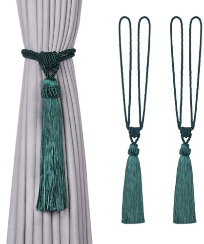 Pretty Jolly 2 Pack Long Tassel Curtain Tiebacks European Style Decorative Drape Tie Backs Elegant Handmade Braided Rope Knot Curtain Holdbacks for Home & Office Window Drapery (Green)