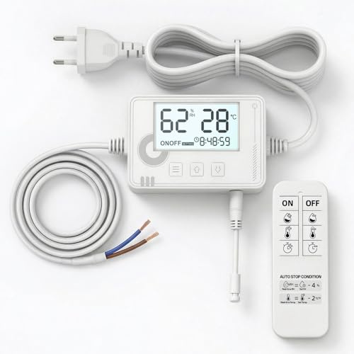 SBONNI Hygrostat mit Temperaturregelung, Timer und 24h Modus, mit Fernbedienung, automatische Steuerung von Ventilatoren/Abluftventilatoren für Bad, Keller, Gewächshaus (bis 100W, 220–240V)