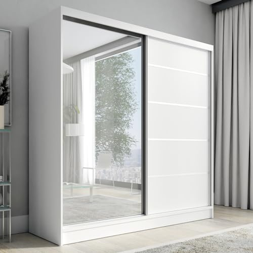 A&J MöbelLand Schwebetürenschrank KARO 1 Kleiderschrank 2-türig mit Spiegel Garderobenschrank 200 cm (Weiß)