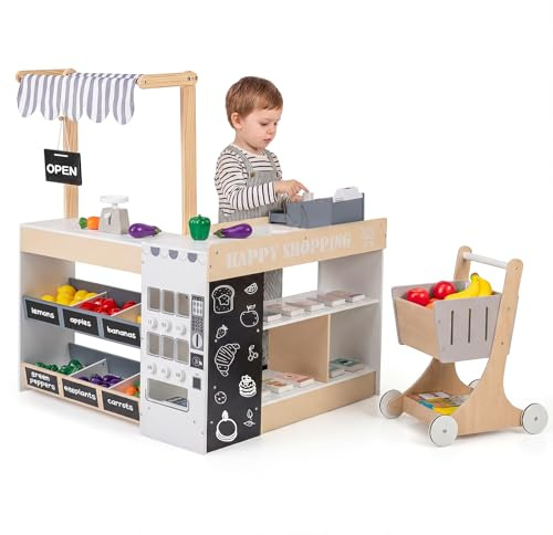 FANTASK Holz Kinder Kaufladen, Kaufmannsladen mit Einkaufswagen, Verkaufsautomat Spielzeug, Kasse & Spiellebensmittel, Supermarkt Spielzeug für Kinder 3+ Jahre