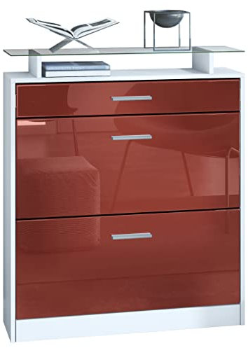 Vladon Schuhschrank Loret 89 x 104 x 23 cm Schuhkipper für 16 Paar Schuhe mit 1 Schublade, 1 Glasablage, Farben Weiß matt & Bordeaux Hochglanz