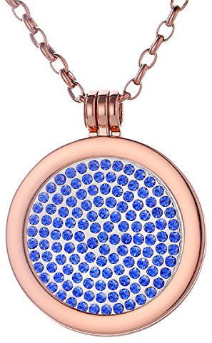 Morella Damen Halskette Rosegold 70 cm Edelstahl mit Amulett und Coin 33 mm Glitzersteine blau in Schmuckbeutel
