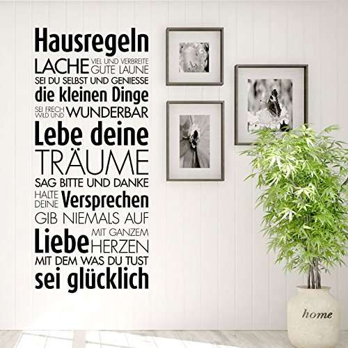 Grandora Wandtattoo Hausregeln Lache Lebe Liebe I schwarz (BxH) 58 x 135 cm I Familie Flur Küche Wohnzimmer Sticker Aufkleber Wandsticker Wandaufkleber W5452