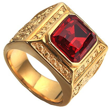 PAURO Herren Edelstahl Jahrgang Golden Square Ringe Chinesischen Stil HerrschsüChtigen Drachen Mit GroßEn Stein Rot GrößE 57