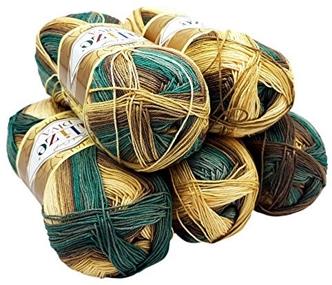 5 x 100 Gramm Alize Diva Batik Wolle mehrfarbig mit Farbverlauf, 500 Gramm merzerisierte Strickwolle Microfiber-Acryl (gold grün grau 3307)