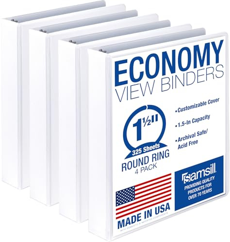 Samsill 1.5 Inch 3 Ring Binders, Made in USA, Economy Round Ring, Clear View Cover, 325 Sheet Capacity - for School, Home, Office - White, 4 Pack