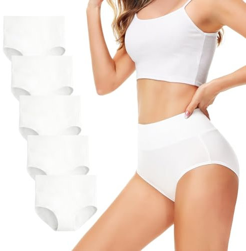 TUUHAW Unterhosen Damen Unterwäsche 5er Pack Slip Miederhose Baumwolle Hoher Taille Atmungsaktive Weiß M