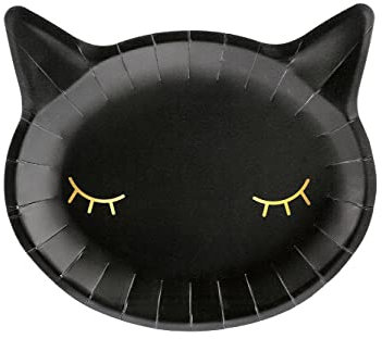 Pappteller Kätzchen 22x20cm 6er Set Partyteller Einwegteller Partygeschirr Kindergeburtstag schwarz/Katze Pappteller schwarz mit goldenen Druck- Halloween dekorative Familie Teller