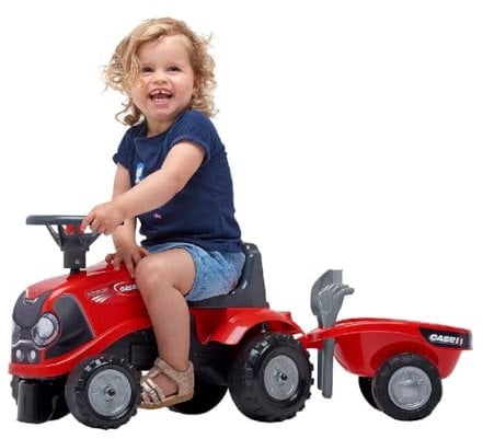 FALK - Porteur tracteur Case IH avec remorque - Dès 12 mois - Fabriqué en France - pelle et râteau inclus - 2 styles de personnalisation - Plaque d'immatriculation personnalisable - 238C