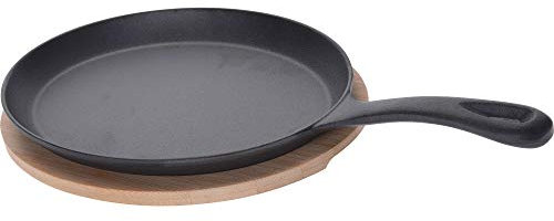 EH Excellent Houseware Servierpfanne für Snacks, Ø 24 cm, gusseisern mit Holzbrett
