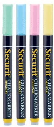 SECURIT - 4er-Set Kreidemarker - Für nicht-poröse Oberflächen (Schwarze Tafel, Glas, Metall, Spiegel...) - Dünne Spitze 1-2 mm - 4 Farben (Pastel)