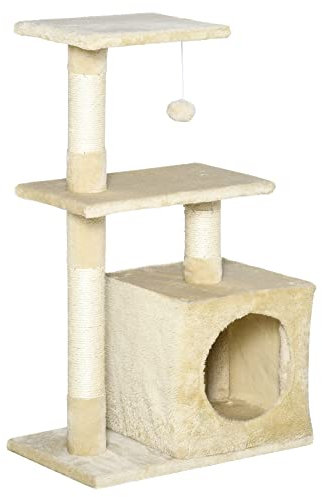 PawHut Árbol Rascador para Gatos 81,5 cm Torre para Gatos con Postes de Sisal 2 Plataformas Cueva y Bola Colgante Estilo Elegante 50x30x81,5 cm Beige
