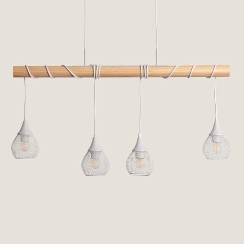LEDKIA LIGHTING - Hängeleuchte Monah | Holz & Metall Design | E27 Fassung für vielseitige Beleuchtung | Ideal für Wohnzimmer, Küche, Schlafzimmer | Boho Pendelleuchte, Weiß, Aluminium