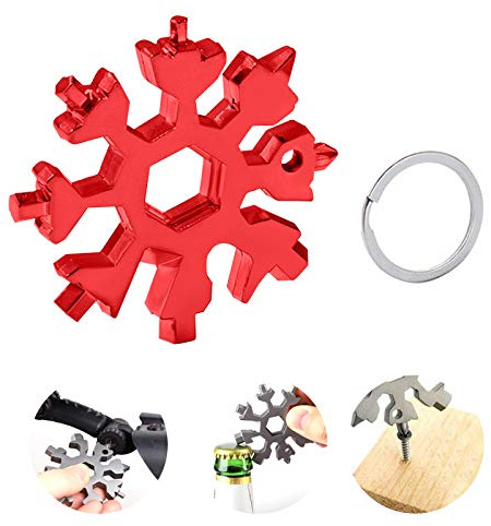 Gxhong Schneeflocke Multi-Tool, 18-in-1 Edelstahl Schneeflocken Multifunktionswerkzeug, Portable Schlüsselbund Schraubendreher Flaschenöffner 2020 Weihnachtsgeschenke für Männer (Rot)