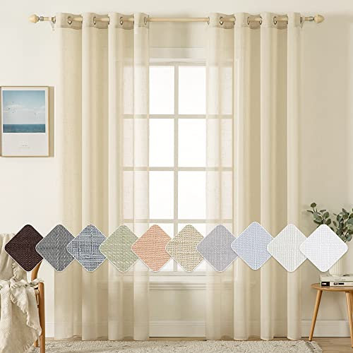 MIULEE 2er Set Voile Vorhang Sheer Leinenvorhang mit Ösen Transparent Leinen Optik Gardine Ösenschal Wohnzimmer Fensterschal Lichtdurchlässig Dekoschal Schlafzimmer 140x145cm (B x H) Beige