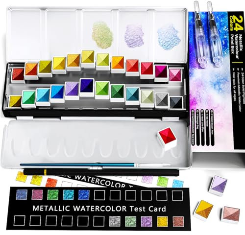 RATEL Metallic Watercolour Paint Set, Premium Glitter Watercolour Solid Paint Box, 24 Metallic Watercolour Paints, Soluble and Mix Well Watercolour Paints, for Kids, Beginner and Professional