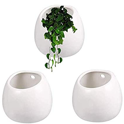 LTLCLZ Keramik Wandvase Weiß 3Er-Set, Klein Wandmotage Pflanzgefäß Hängende Blumenvase Für Zimmerpflanzen