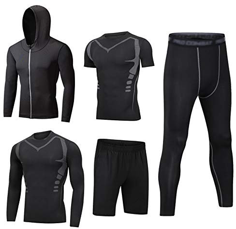 HZQIFEI Homme 5 Pièces Vêtements de Sport avec Hoodies Vestes Manches Courtes/Longues Shirt Compression Collant Short Séchage Rapide Workout Ensemble de Fitness Sportswear (Style#4, XL)