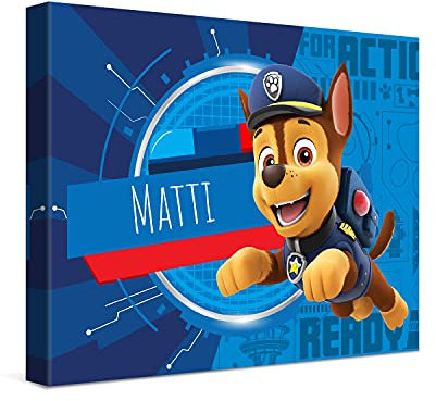 PICANOVA – PAW Patrol Chase Leinwand – Matti – 40x30cm – Leinwanddruck mit Babynamen – Personalisierte Leinwand – Baby–Geschenk Leinwandbild – PAW Patrol Kollektion