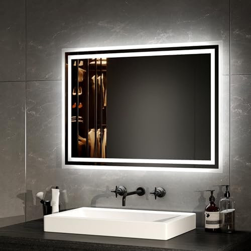 EMKE LED Badspiegel 70x50cm LED Wandspiegel mit Beleuchtung Warmweißes Licht und Kaltesweißes Licht Badspiegel mit Separater Beschlagfrei+Taste IP44 energiesparend