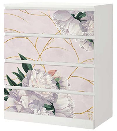 MyMaxxi - Klebefolie Möbel passend für IKEA Malm Kommode - Motiv Blume Gold Muster - Möbelfolie selbstklebend - Dekofolie Tattoo Aufkleber Folie für Wohnzimmer, malm_Groesse:4 Schubladen