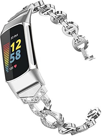 ahayo Bling Armband für for Fitbit Charge 5, Metalllegierung mit funkelnden Aushöhlen Kristallen Schnellverschluss Uhrenarmband für Fitbit Charge 5 Aktivitäts Tracker (Silber)
