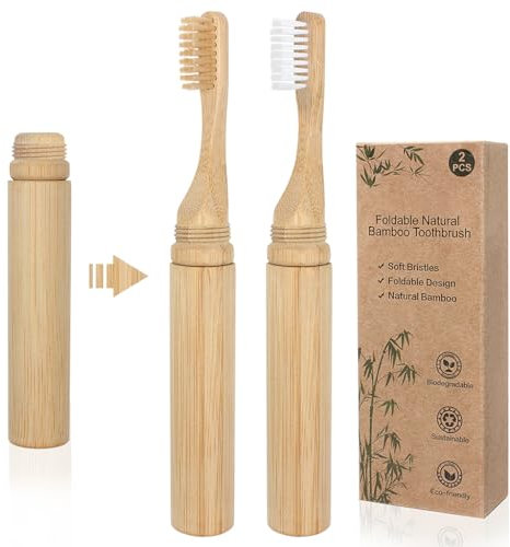 SWKJ Lot de 2 brosses à dents portables en bambou naturel bio pliable avec poils doux, respectueux de l'environnement et sans plastique pour la maison, l'école, les voyages d'affaires, les voyages, le